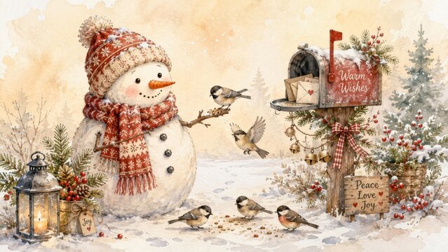 Watercolor christmas snowman with cozy hat and mailbox, winter festive scene with lantern, birds, and gift box. holiday greeting card, cheerful winter design, seasonal joy illustration