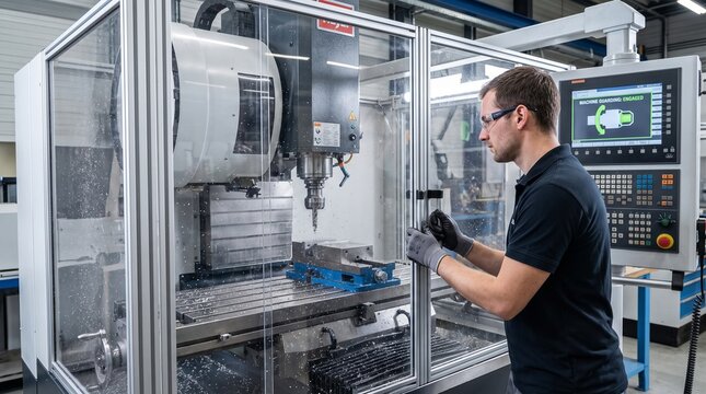 Industrial worker closing safety glass door on cnc milling machine in