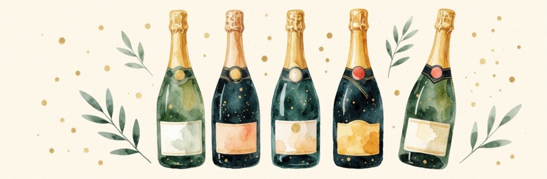 Elegant watercolor champagne bottles stand in row. Festive gold dots, green leaves decorate light background. Artistic illustration perfect for New Year party cards, holiday celebration posters,