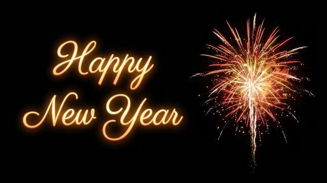 Elegant gold text wishing a happy new year with a bright festive firework display on black background
