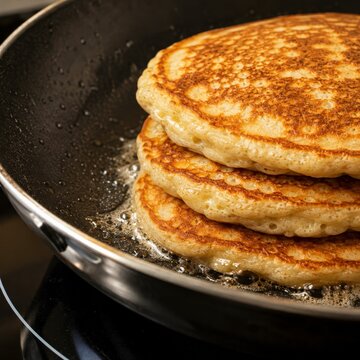 Stack of pancakes cooking in a pan on an induction hob