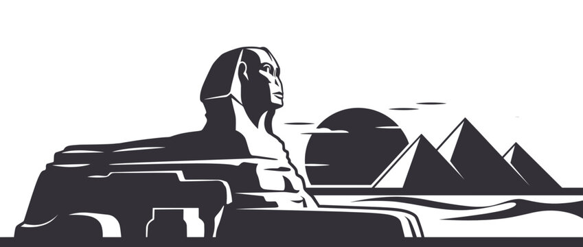 Egyptian Sphinx silhouette with pyramids in desert background. Ancient Egyptian monument iconography. Sphinx, Pyramids. Minimalist line art for logos, posters, travel. Vector illustration.