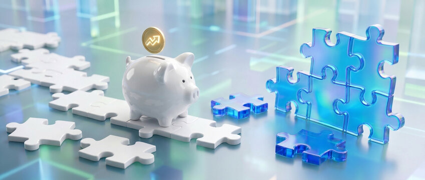 Piggy bank with coin and scattered puzzle pieces financial planning and investment concept