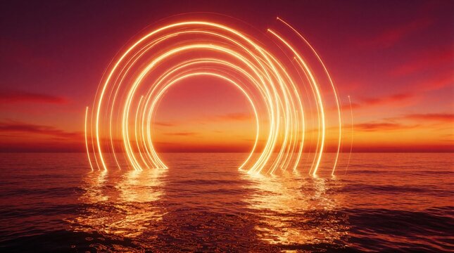 Abstract glowing neon rings float above calm ocean water at sunset. Golden light circles create futuristic portal energy vortex over sea horizon. Vibrant orange sky meets dark waves in mystical