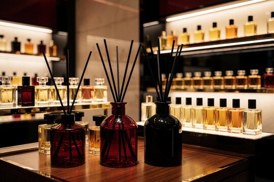 Man selects luxury fragrance in modern perfume boutique. Glass bottles with reed diffusers stand on wooden counter. Customer browses variety of scents, cosmetic products on lit shelves. High end