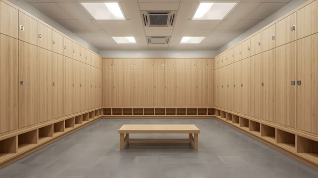 Modern School Locker Room Interior with Wooden Storage Lockers, Open Shoe Cubbies and Rustic Wooden Bench