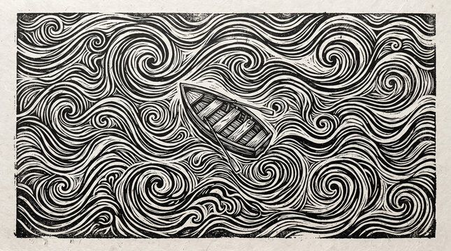 Wooden boat rowing on swirling sea waves zentangle mandala coloring page design