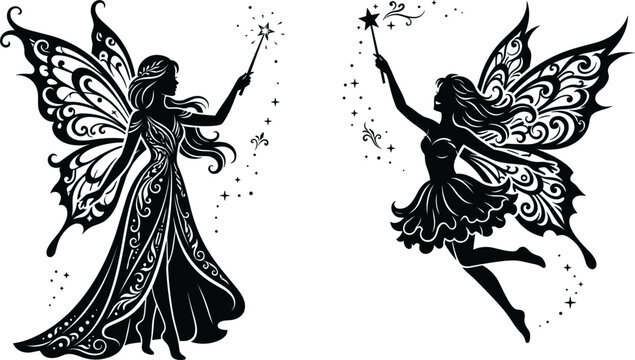 Beautiful fairy silhouettes with butterfly wings holding magic wands casting pixie dust stars for fantasy mythical design