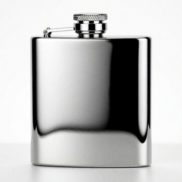 Polished silver pocket flask with chrome finish on white background. Shiny metal hip flask container for liquor alcohol. Elegant stainless steel accessory for drink storage. Minimalist studio shot of