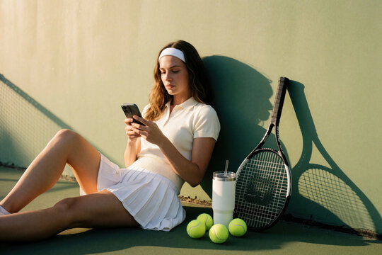 Young female tennis player sits on court wall relaxing. Girl uses smartphone for messaging during sport break. Athlete wears white tennis outfit with headband. Racket, balls lie nearby on green