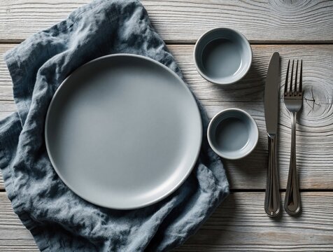 Top view of empty grey plate on blue linen napkin. Two small bowls, silver cutlery sit on rustic wooden table. Blank mockup for food menu restaurant dish setting. Minimalist kitchen tableware for