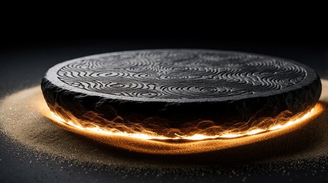 Dark stone platform with glowing orange edge sits on sand. Circular rock pedestal features carved swirl pattern. Minimalistic podium with warm light illumination creates dramatic studio background