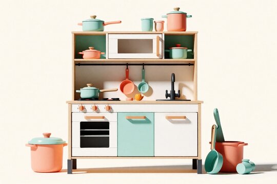 Cute mini toy kitchen set with pastel colors. Wooden play kitchen includes microwave, oven, sink, small cooking pots. Toddler pretend play furniture with utensils for kids role play, creative