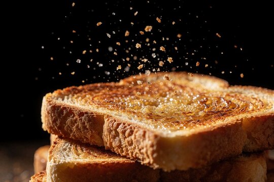 Macro shot of toasted bread slices with crumbs flying in air. Golden crunchy breakfast toast stack on dark background. Delicious melted butter, crispy texture on sourdough bread. Morning meal snack