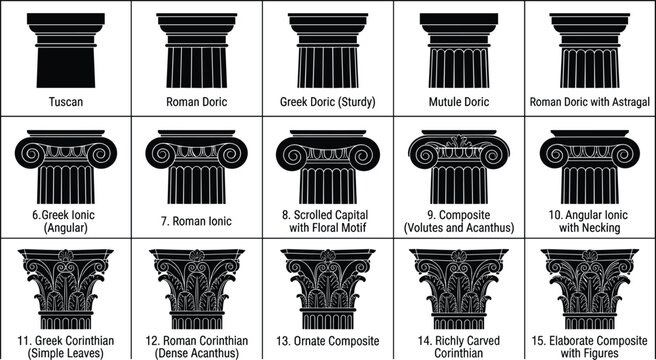 Classical architectural column capitals silhouette chart featuring tuscan doric ionic corinthian and composite orders historical design elements