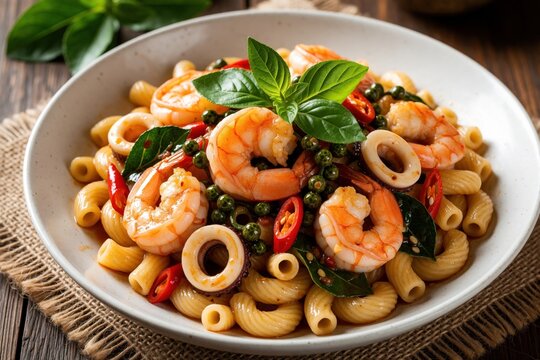 Spicy Thai fusion pasta dish with large shrimp, squid rings. Macaroni stir fried with red chili, garlic, green peppercorns, basil leaves. Delicious seafood macaroni Pad Cha served in white bowl on