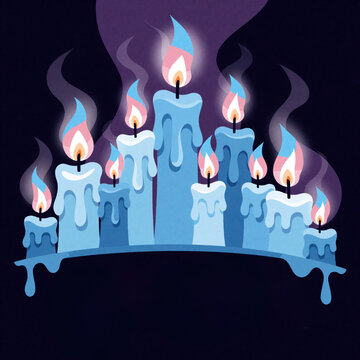 Blue, pink lit candles burn on dark background. Glowing flames represent Transgender Day of Remembrance memorial. Art tribute honors lost lives, shows community strength, hope, resilience through