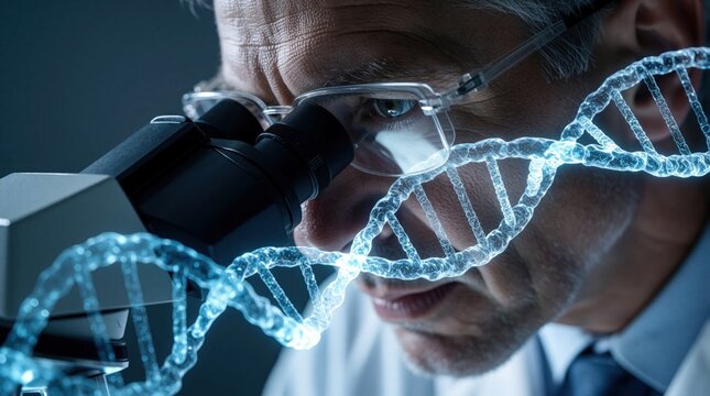 Serious male scientist uses microscope for genetic research. Adult researcher studies glowing blue DNA helix in high tech lab. Pro man performs molecular biology experiment to discover medical
