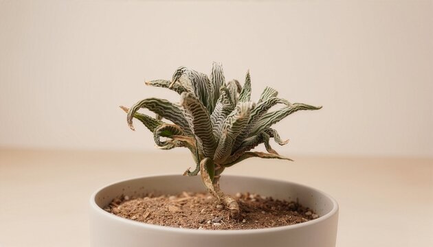 Succulent showing water stress, severely dehydrated succulent with shriveled leaves and dry compact soil.