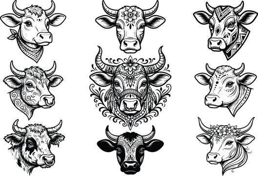 Decorative cow and bull head portraits collection decorated with intricate mandala floral tribal ornaments and bohemian style patterns
