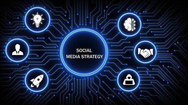 Digital social media strategy concept featuring glowing circuit board network infographic with for innovation, artificial intelligence, business partnership, and growth in a modern tech environment