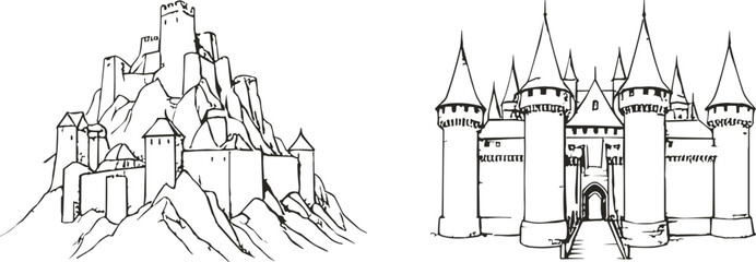 Medieval castle and mountain fortress vector illustration set featuring hand drawn gothic towers spires and stone walls © MSTJOSNA