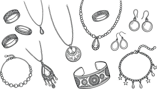 Luxury jewelry vector set with detailed sketch drawings of ornate rings necklaces bracelets cuff and drop earrings
