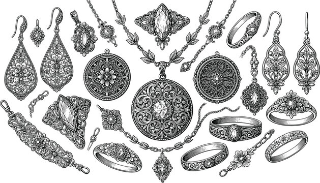 Ornate vintage jewelry sketch vector bundle with filigree necklaces pendant medallions rings bangles and drop earrings
