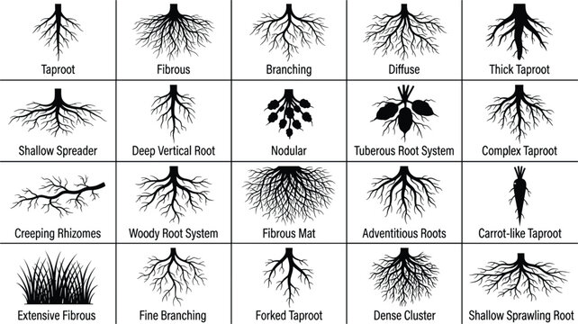 Plant root types botanical silhouette chart featuring taproot fibrous branching nodular tuberous and rhizome underground structures