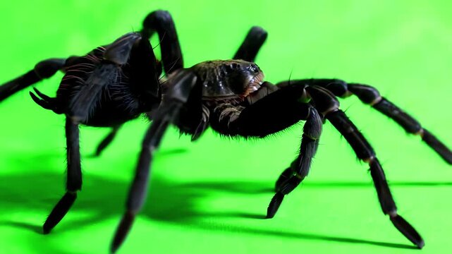 Large black spider crawling across a bright green screen background for visual effects compositing