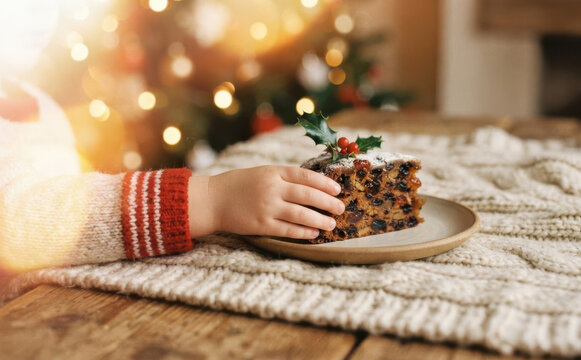 Toddler reaching for Christmas fruitcake slice on cozy winter table setting