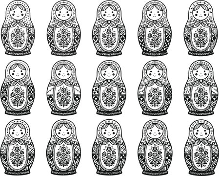 Traditional Russian matryoshka nesting doll vector set with intricate black and white ethnic floral pattern details