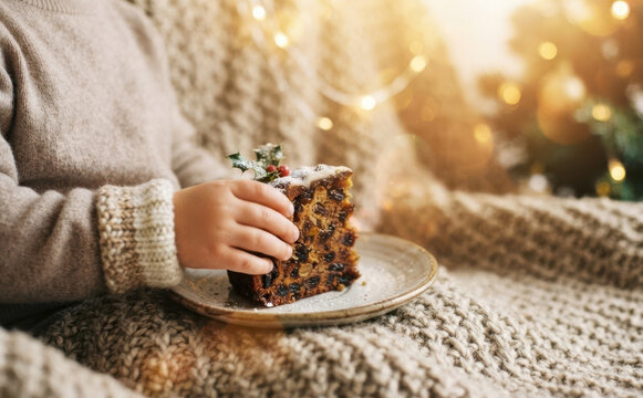 Child eating traditional Christmas fruitcake slice cozy winter holiday dessert celebration
