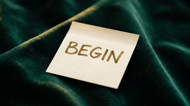 Cream colored sticky note with the word begin written on it placed against a soft deep green velvet fabric green background motivational word handwritten not