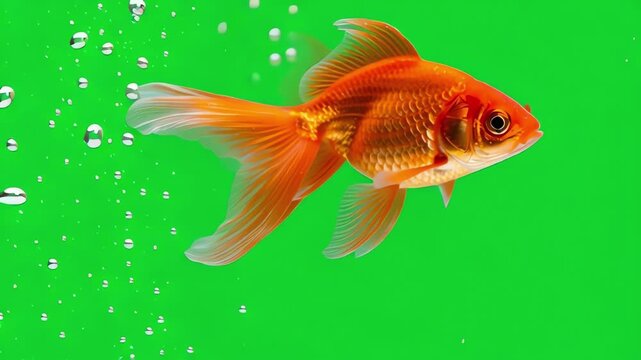 Bright orange goldfish swimming gracefully across a solid chroma key green screen background with bubbles and fluid fin movements