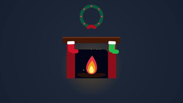 Christmas Fireplace with Burning Fire and Stockings in a Minimalist Flat Vector Animation
