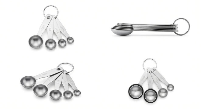 Interlocking Ring Set of Stainless Steel Liquid and Dry Measuring Spoons Isolated on White Background 4 Different Angles
