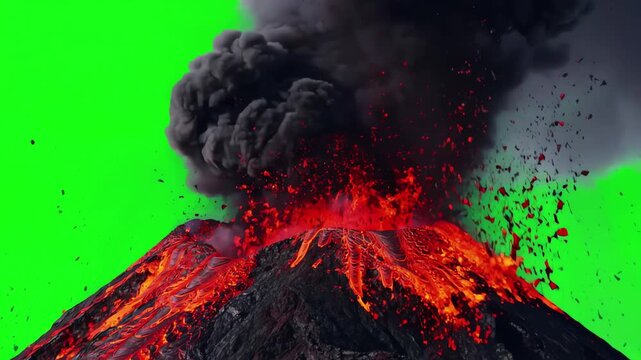 Dramatic volcano eruption with thick black smoke and glowing orange lava bursting upwards against a bright green screen background