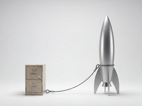Silver rocket tethered to an old filing cabinet representing bureaucratic red tape holding back innovation concept