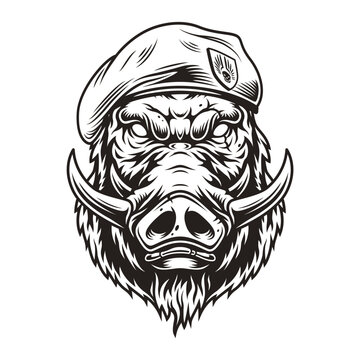 Vector illustration of a fierce wild boar head wearing a military beret.