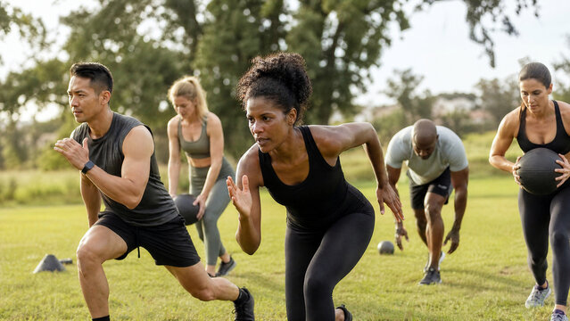 Diverse group outdoor fitness training, active people running in park, athletic sprint bootcamp exercise workout