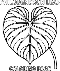 Heart shaped philodendron leaf with the words philodendron leaf coloring page, black and white coloring page outline © titin