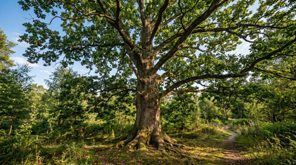 Fototapeta premium Majestic Ancient Oak Tree with Sprawling Branches in a Lush Forest Clearing Sunny Day