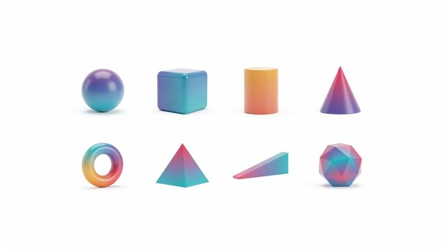 3D geometric shapes collection with gradient colors, colorful mathematical basic forms, realistic rendering set isolated on white background
