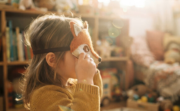 Young Caucasian girl wearing a cute fox mask playing in a cozy children room with warm sunlight