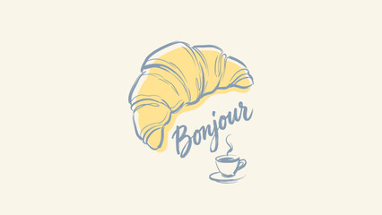 Minimalist French breakfast illustration featuring a hand-drawn yellow croissant, a small blue cup of steaming coffee, and the elegant script word Bonjour on a clean beige background. © Muhammad