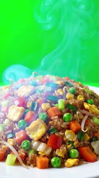 Steam rising from hot Chinese fried rice with vegetables isolated on a chroma key green screen background