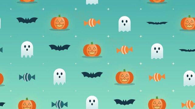 Halloween seamless pattern background with glowing jack o lanterns ghosts bats and candies