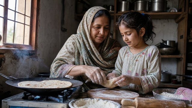 Authentic South Asian mother teaching daughter to bake flatbread, traditional rural kitchen cooking, family bonding moment
