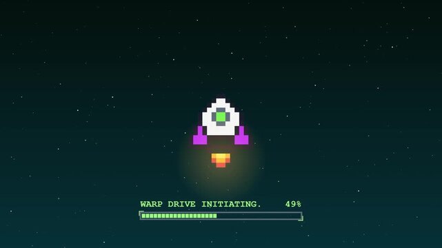 Pixel rocket ship flying through a deep space parallax starfield with animated thruster flames